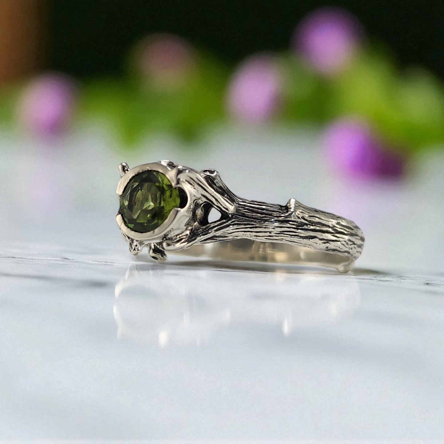 Natural Round Peridot Silver Ring - DV Jewelry Designs #