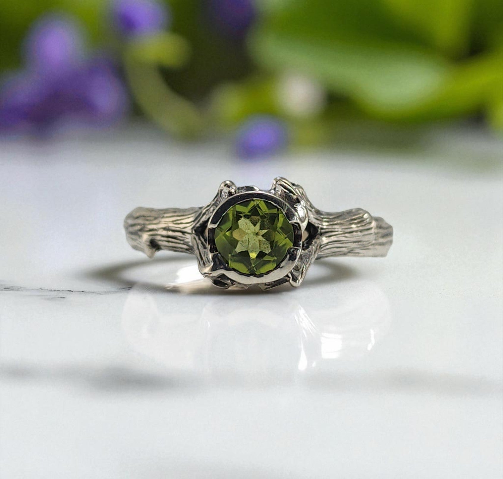 Natural Round Peridot Silver Ring - DV Jewelry Designs #