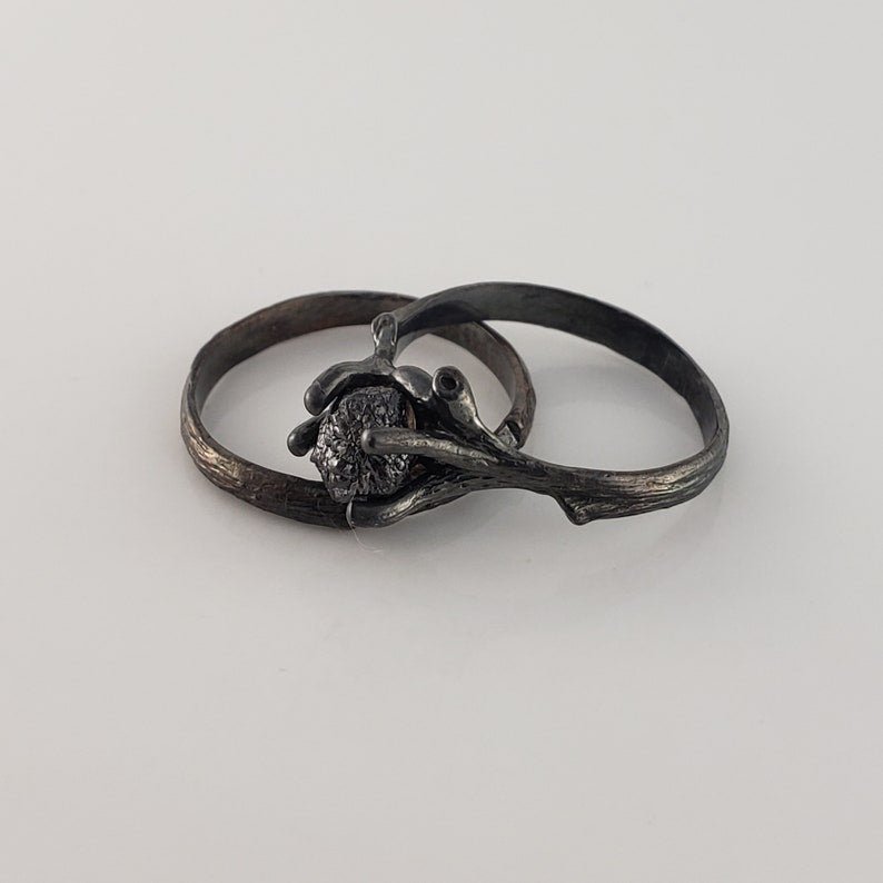 Raw Black Diamond Twig Ring Set - Ruthenium Finish - DV Jewelry Designs