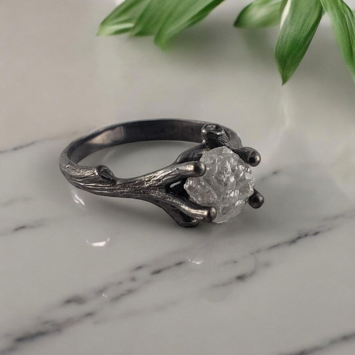 Raw Diamond Twig Ring Set - Ruthenium Finish - DV Jewelry Designs
