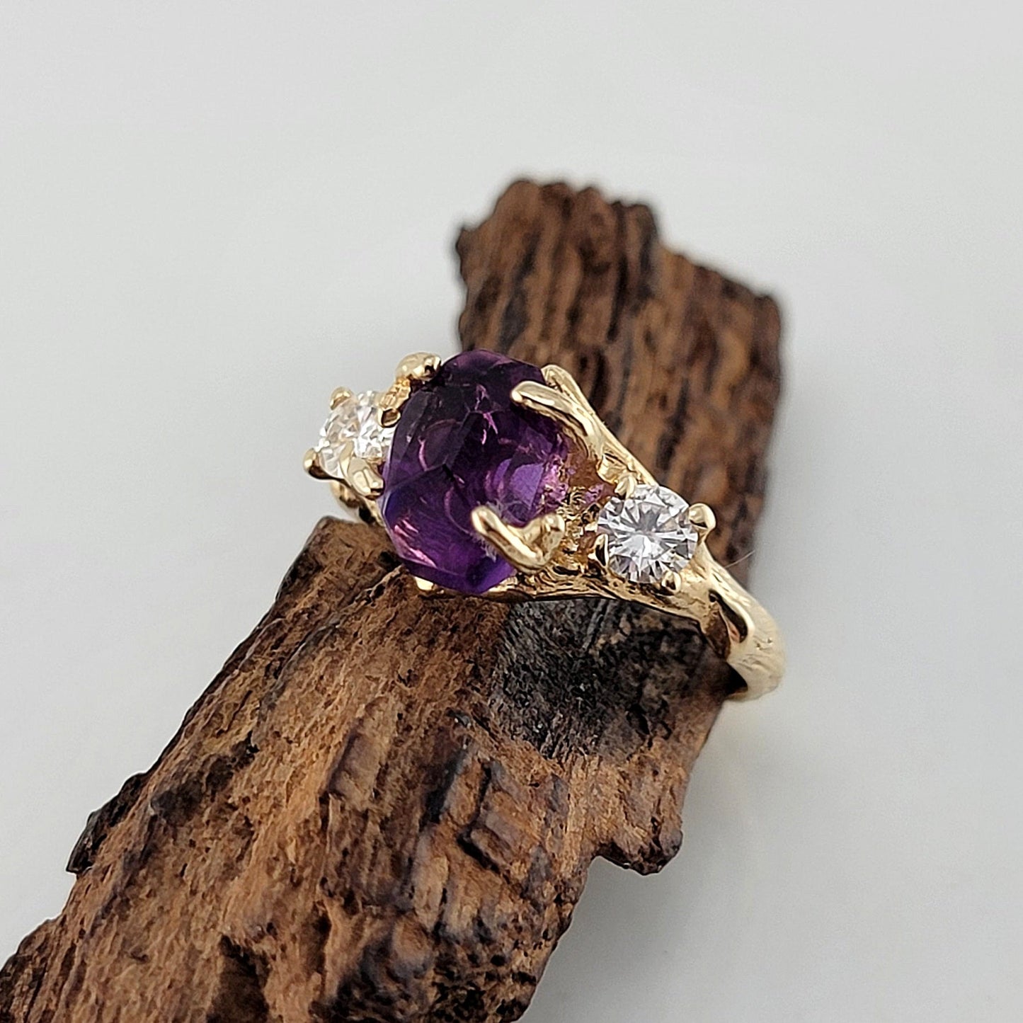 Raw Hand - cut Amethyst & Moissanite Gold Ring - DV Jewelry Designs