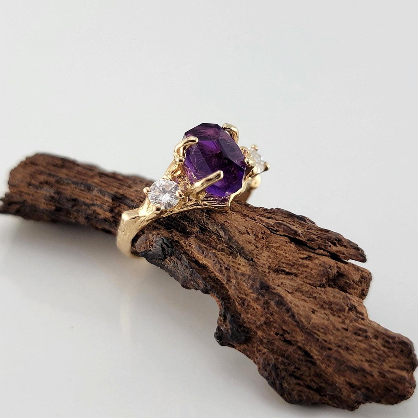 Raw Hand - cut Amethyst & Moissanite Gold Ring - DV Jewelry Designs