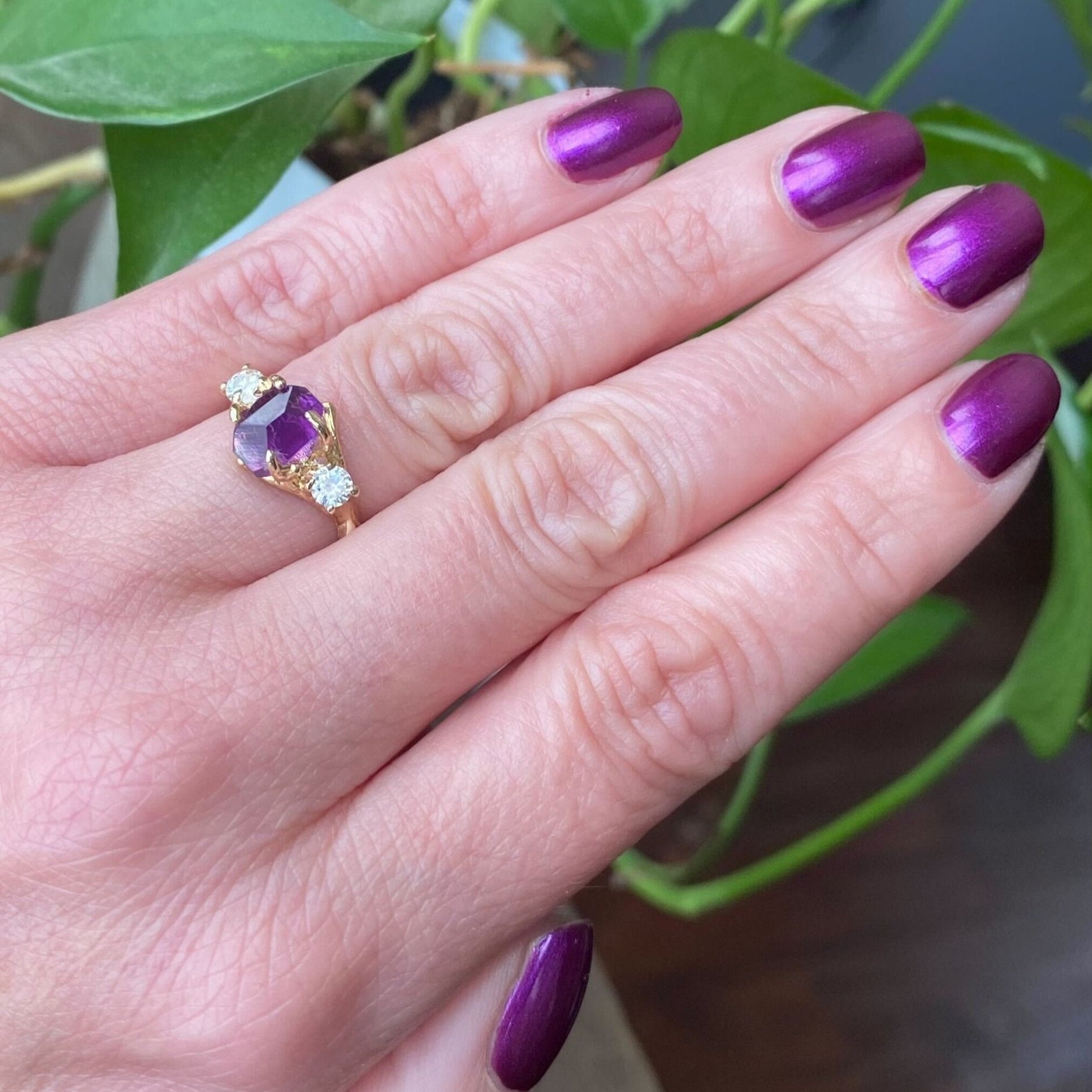 Raw Hand - cut Amethyst & Moissanite Gold Ring - DV Jewelry Designs