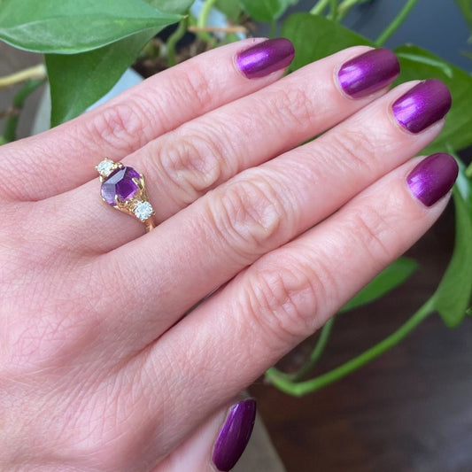 Raw Hand - cut Amethyst & Moissanite Gold Ring - DV Jewelry Designs