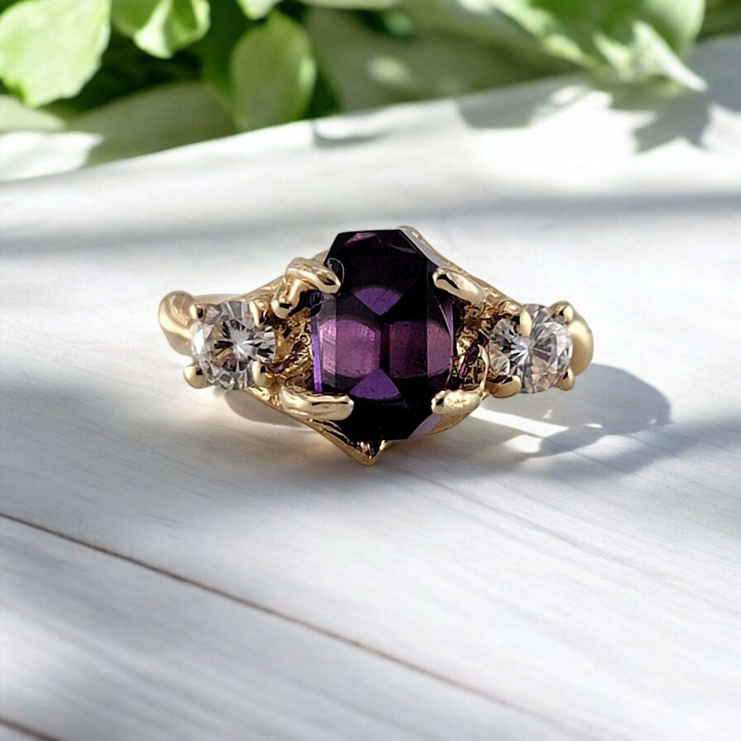 Raw Hand - cut Amethyst & Moissanite Gold Ring - DV Jewelry Designs