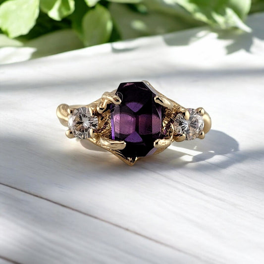 Raw Hand - cut Amethyst & Moissanite Gold Ring - DV Jewelry Designs
