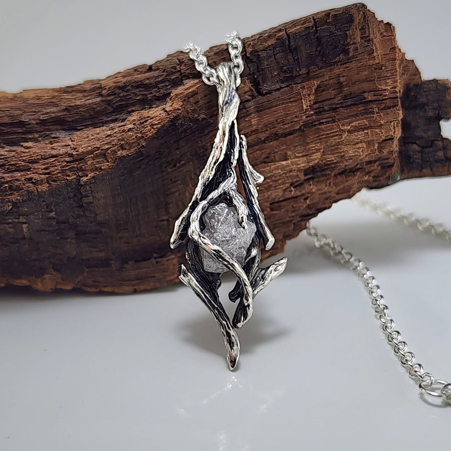 Raw Rough Diamond Hand - sculpted Pendant in Sterling Silver - DV Jewelry Designs