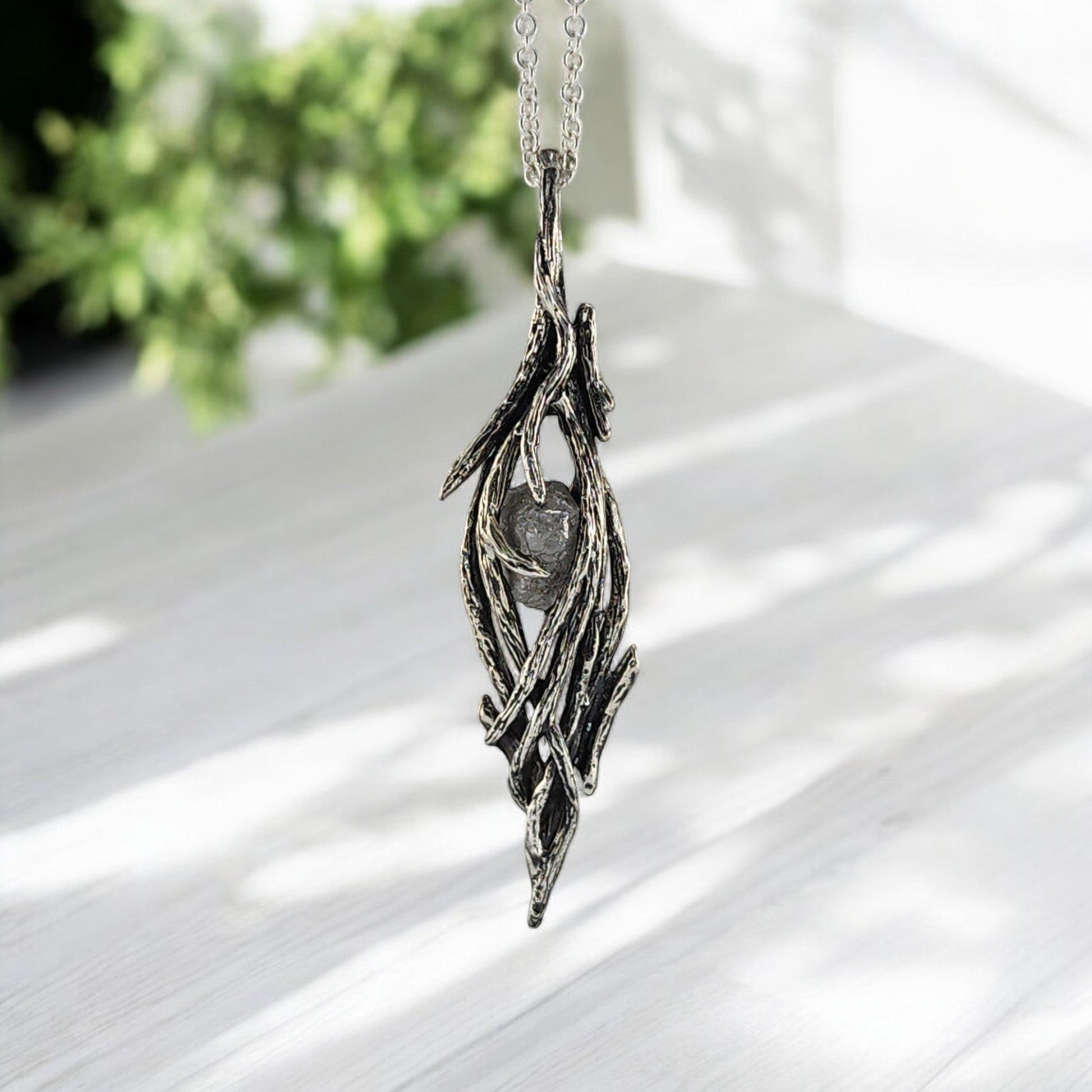 Raw Rough Diamond Hand - sculpted Pendant in Sterling Silver - DV Jewelry Designs