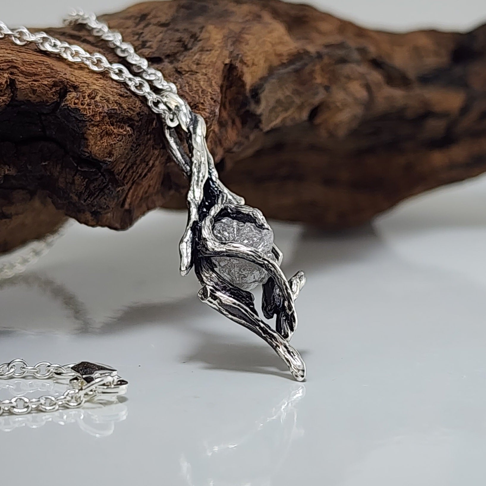Raw Rough Diamond Hand - sculpted Pendant in Sterling Silver - DV Jewelry Designs