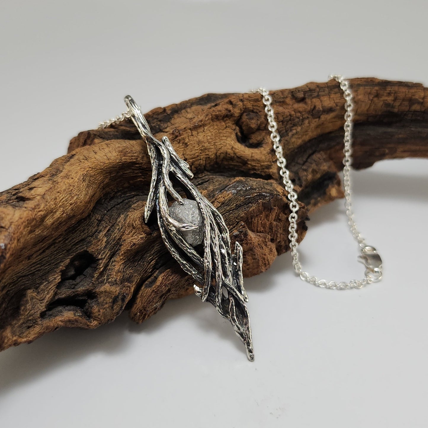 Raw Rough Diamond Hand - sculpted Pendant in Sterling Silver - DV Jewelry Designs