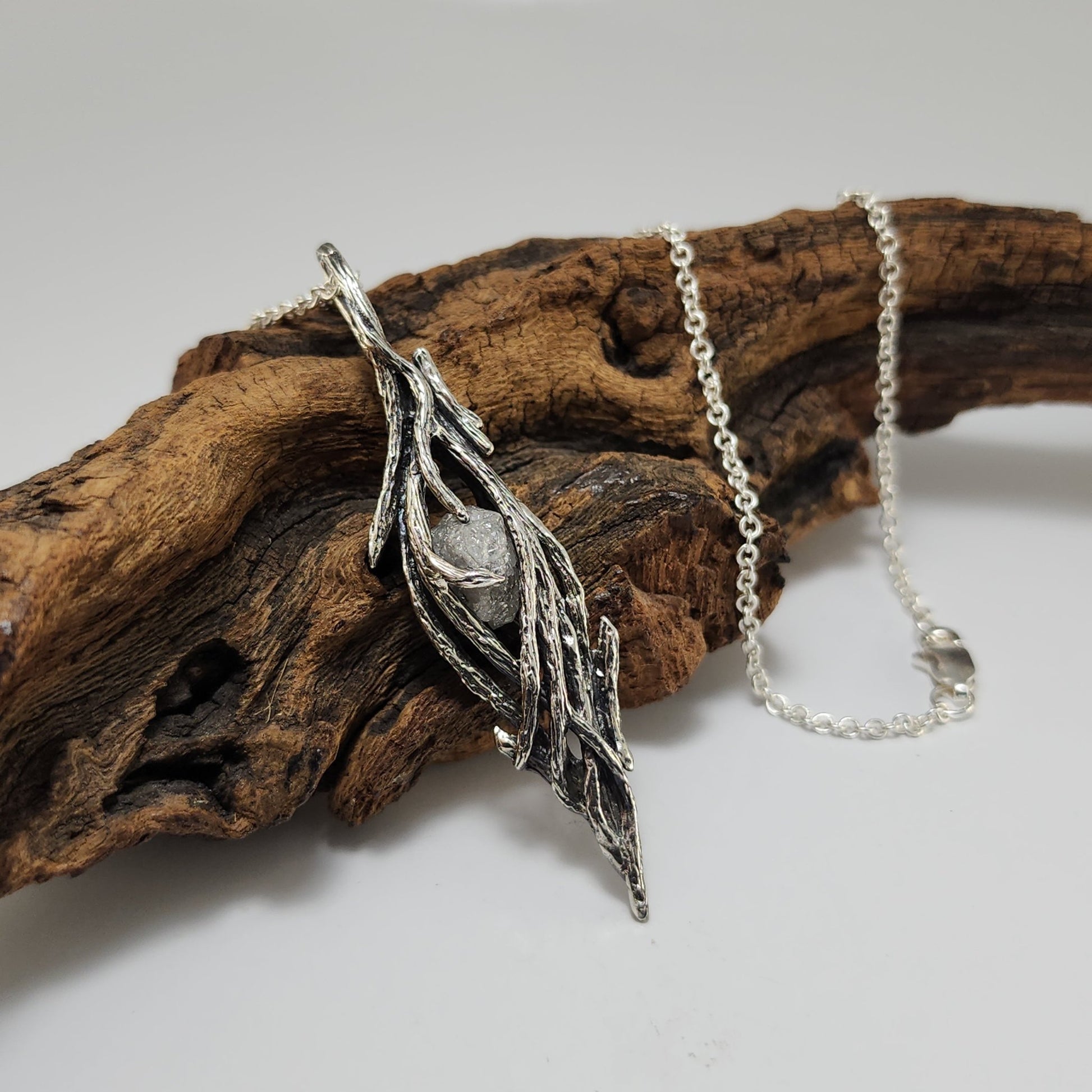 Raw Rough Diamond Hand - sculpted Pendant in Sterling Silver - DV Jewelry Designs