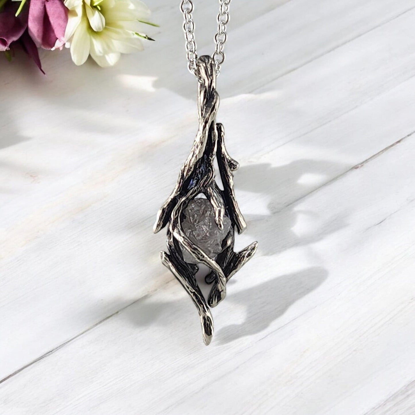 Raw Rough Diamond Hand - sculpted Pendant in Sterling Silver - DV Jewelry Designs