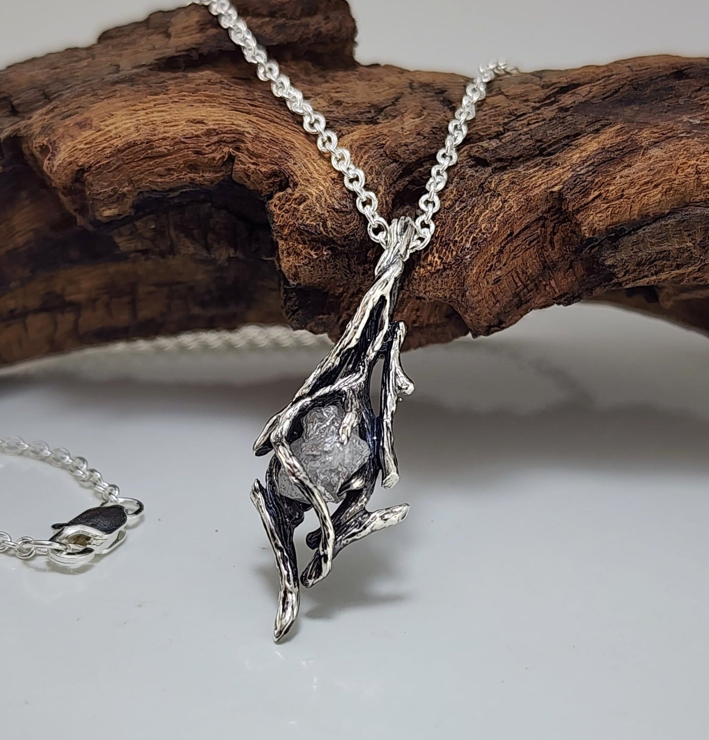 Raw Rough Diamond Hand - sculpted Pendant in Sterling Silver - DV Jewelry Designs