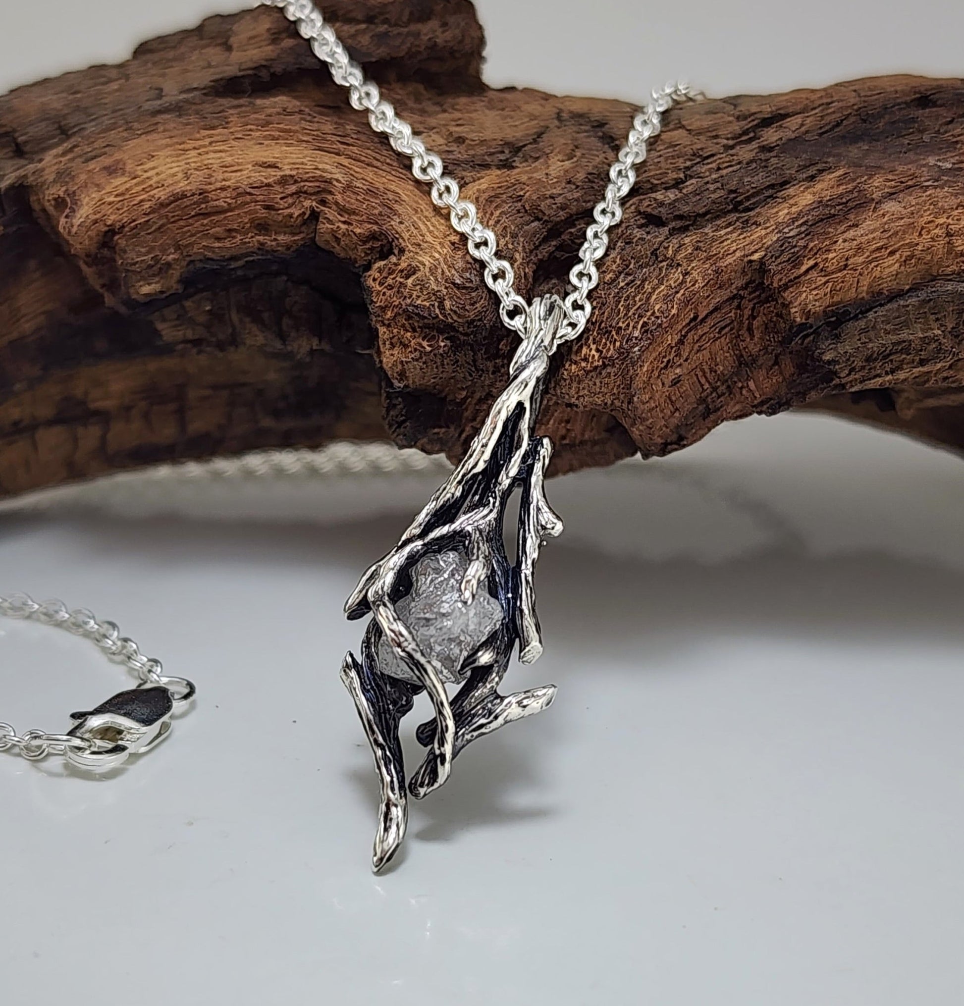 Raw Rough Diamond Hand - sculpted Pendant in Sterling Silver - DV Jewelry Designs