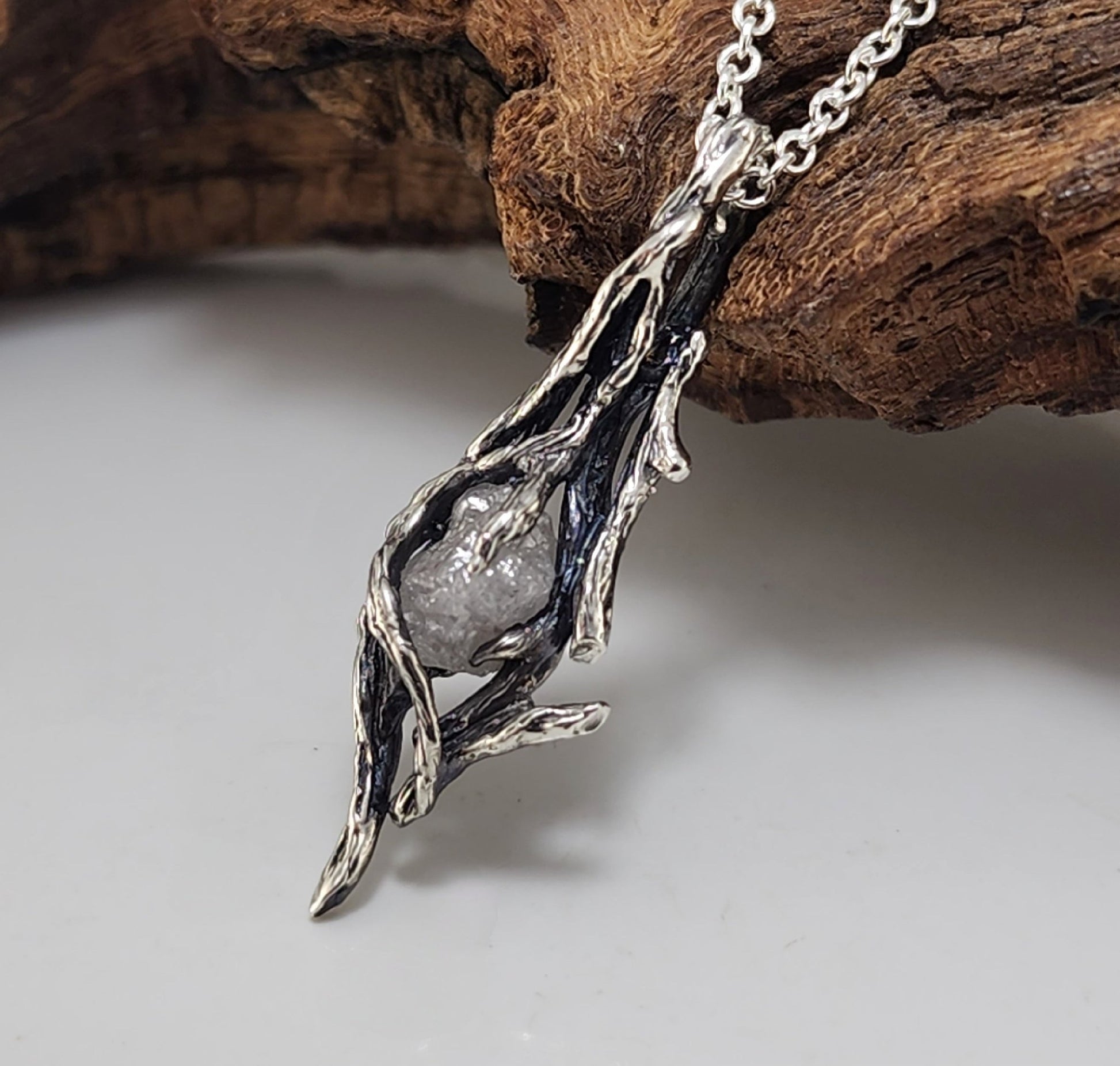 Raw Rough Diamond Hand - sculpted Pendant in Sterling Silver - DV Jewelry Designs