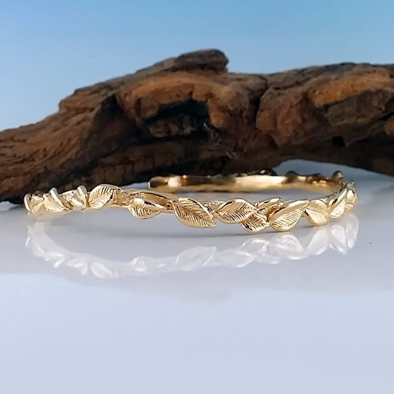 Solid Gold Leaf Bangle Bracelet - DV Jewelry Designs