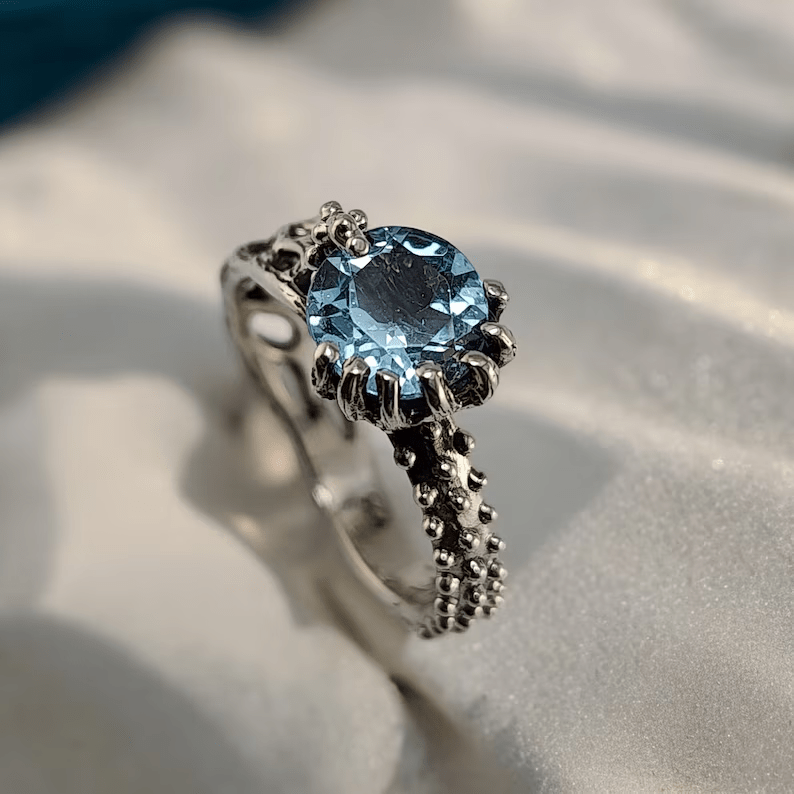 Sterling Silver Topaz Ring with a Starfish and Sea Fan Coral Design - DV Jewelry Designs