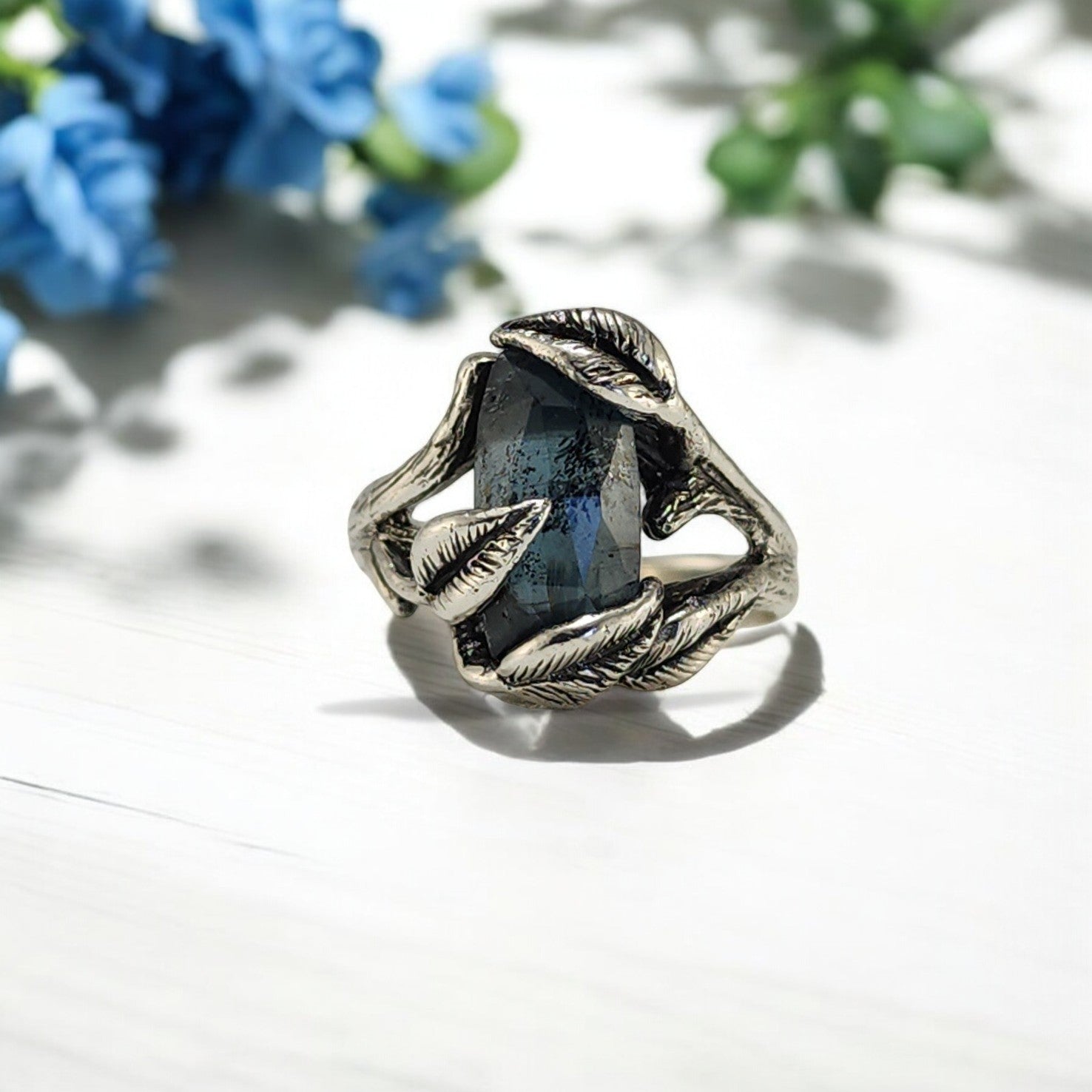 Teal Moss Kyanite Leaf & Twig Ring in Sterling Silver - DV Jewelry Designs