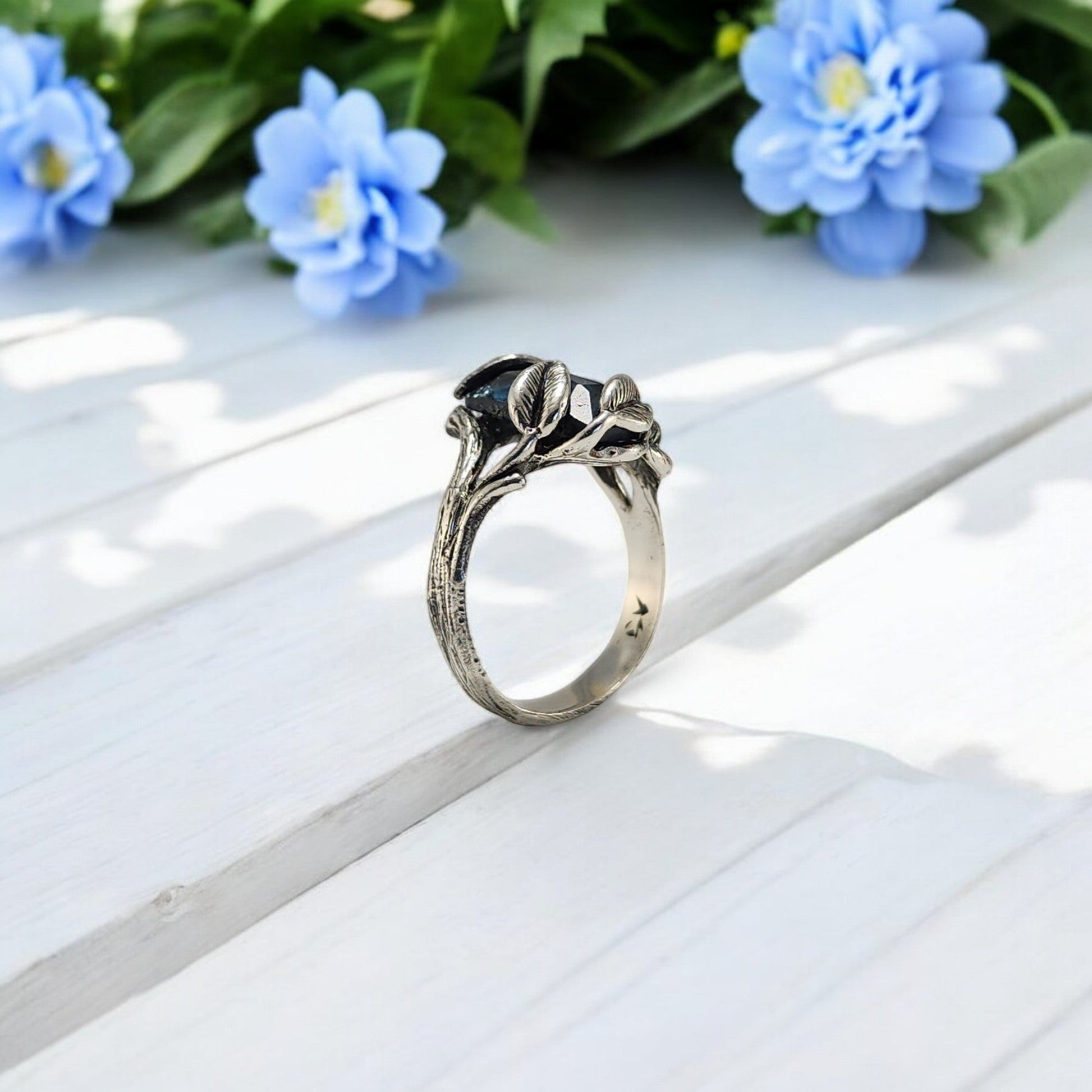 Teal Moss Kyanite Leaf & Twig Ring in Sterling Silver - DV Jewelry Designs