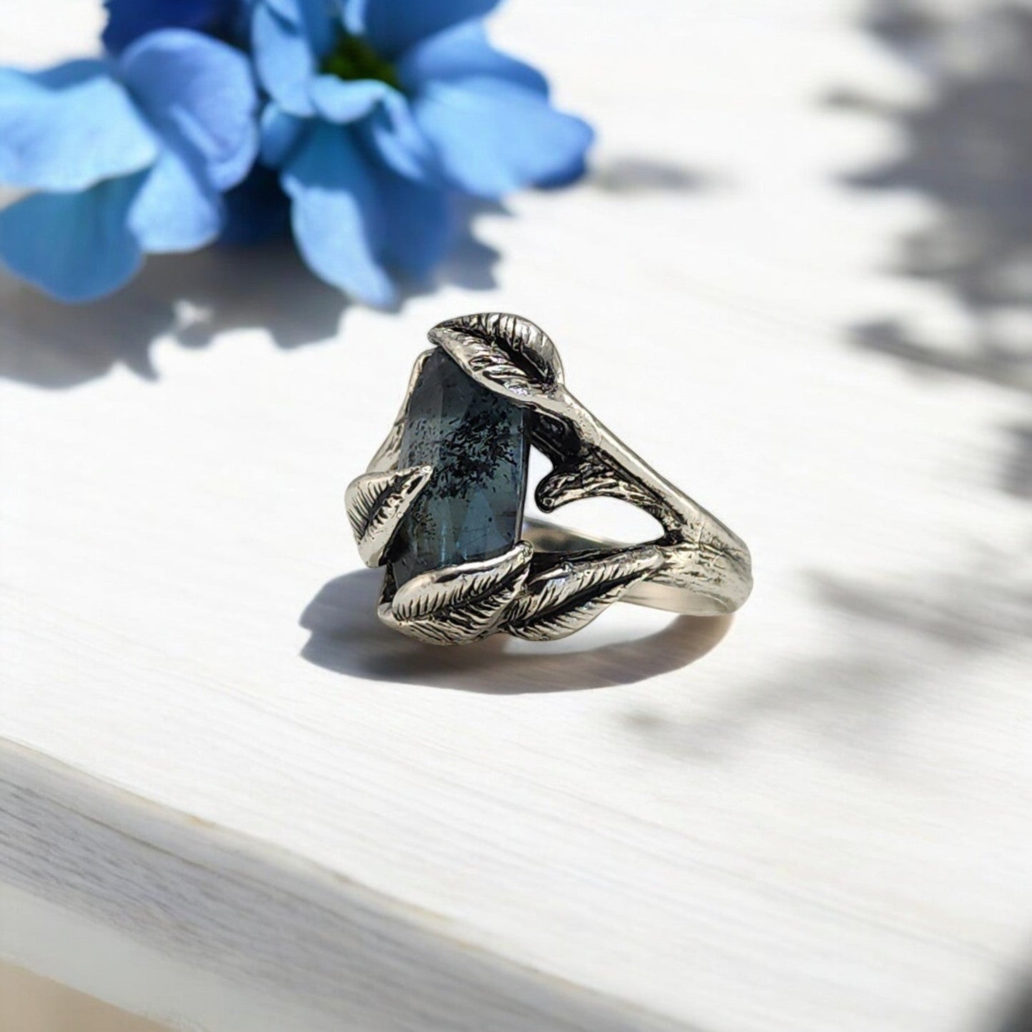 Teal Moss Kyanite Leaf & Twig Ring in Sterling Silver - DV Jewelry Designs