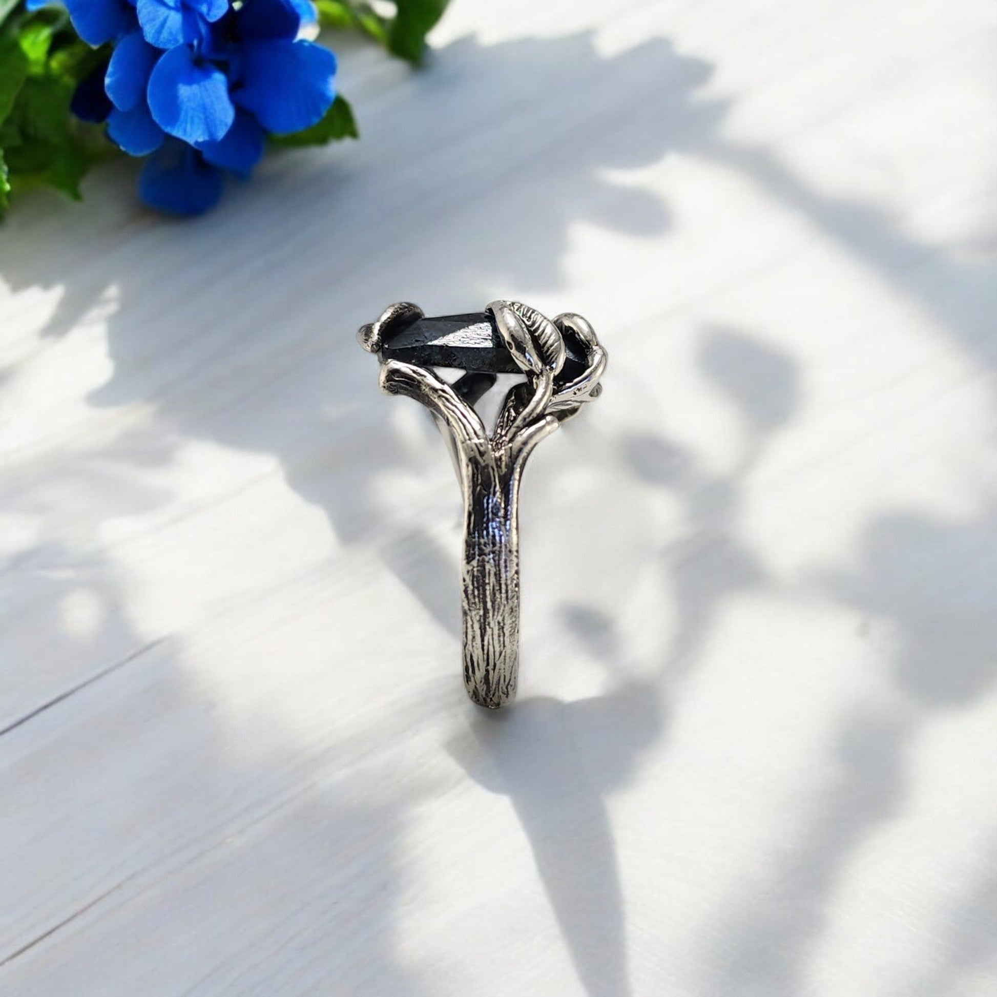 Teal Moss Kyanite Leaf & Twig Ring in Sterling Silver - DV Jewelry Designs