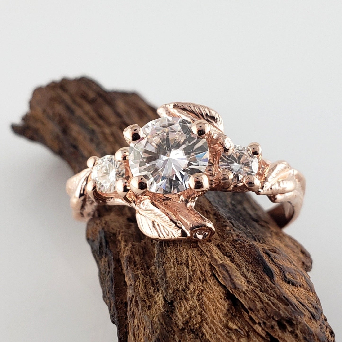 Three Moissanite Leaf & Twig Engagement Ring - DV Jewelry Designs