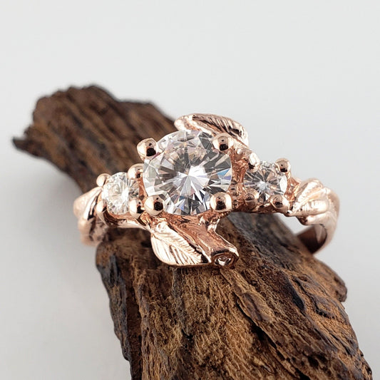 Three Moissanite Leaf & Twig Engagement Ring - DV Jewelry Designs