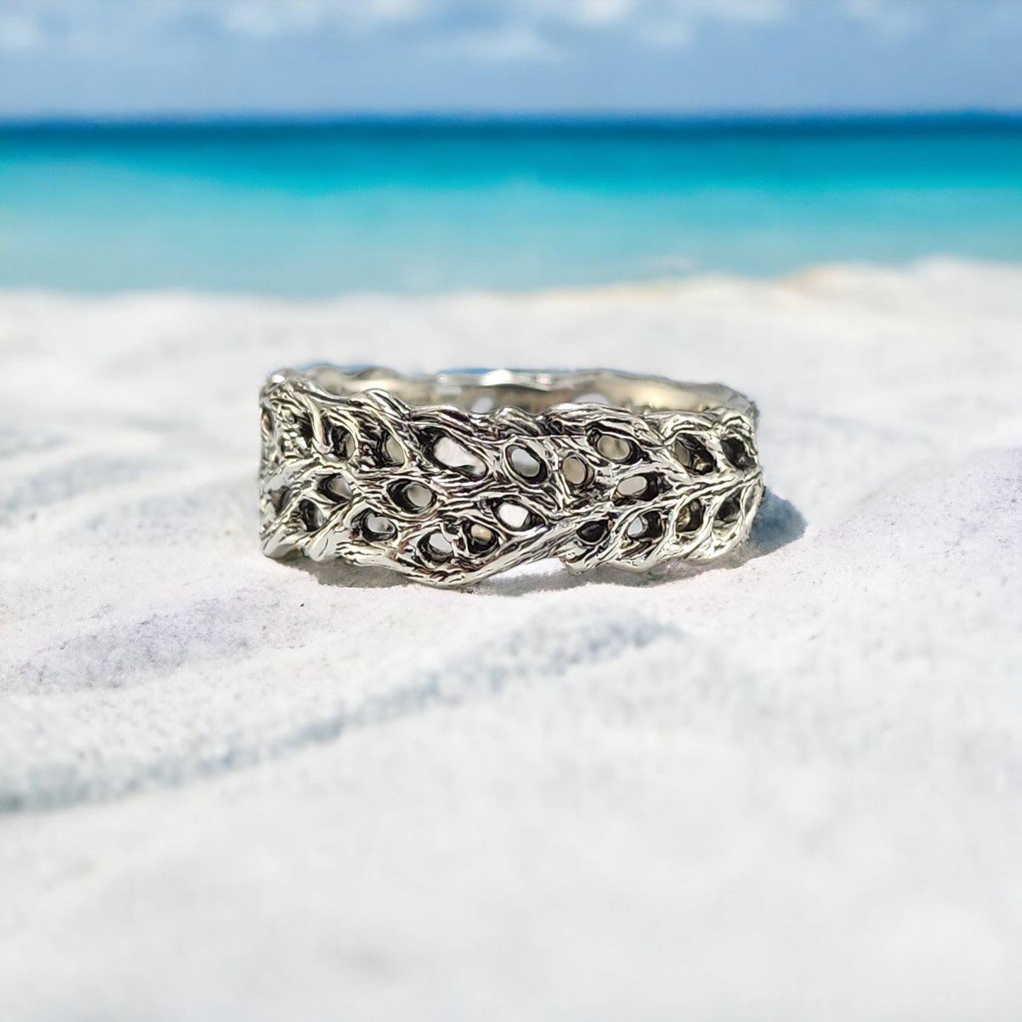 Unisex Ocean and Beach Style Wedding Band - Sea Fan Coral Ring Hand - sculpted by DV Jewelry Designs - DV Jewelry Designs