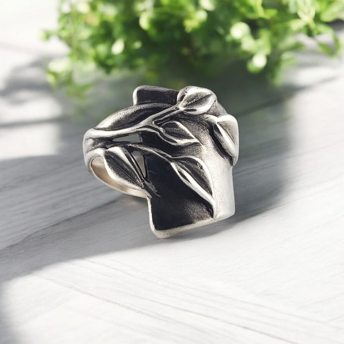 Wide Sterling Silver Ring with Leaves - DV Jewelry Designs