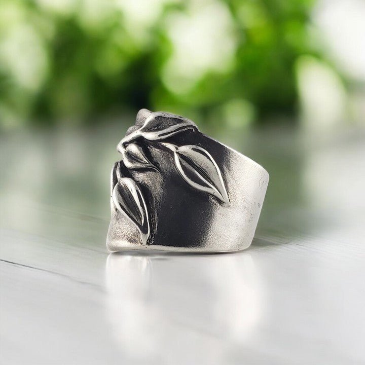 Wide Sterling Silver Ring with Leaves - DV Jewelry Designs