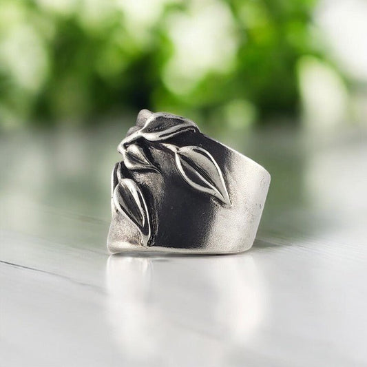 Wide Sterling Silver Ring with Leaves - DV Jewelry Designs